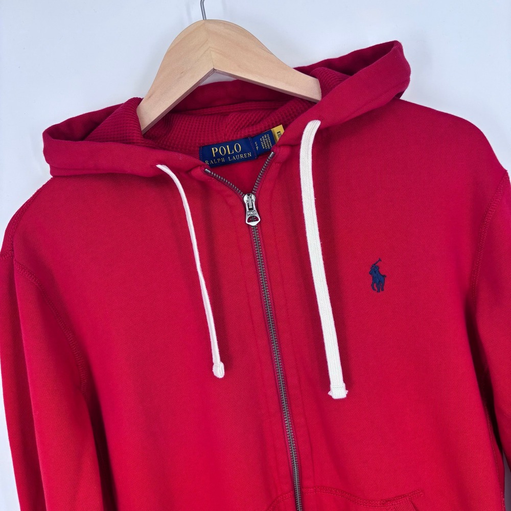 Polo Ralph Lauren Full Zip Hoodie Mens S Red Waffle Lined Hood Logo Sweatshirt